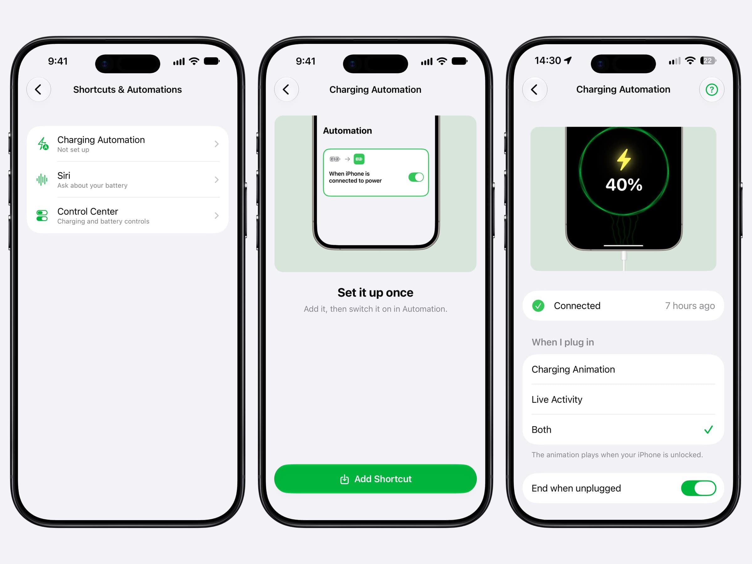 Three screens from Unplugged: Shortcuts & Automations in Settings, the one-tap Charging Automation setup, and the automation set to start both the charging animation and the Live Activity, ending when unplugged